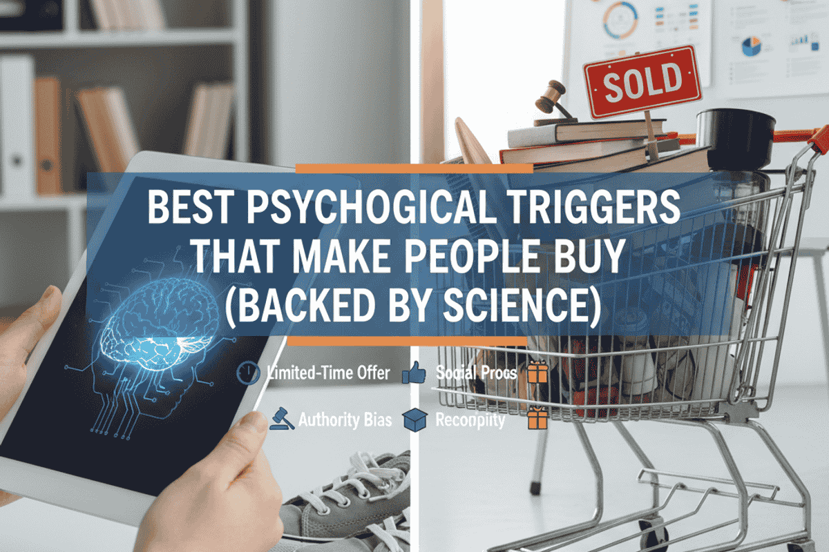 Image representing psychological triggers for buying decisions, with a brain graphic on a tablet, a shopping cart filled with items, a 'SOLD' sign, and icons for 'Limited-Time Offer,' 'Social Proof,' 'Authority Bias,' and 'Reciprocity.'